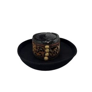 Whittall & Shon Vintage Black Wool Leopard Sequin Gold Button‎ Bollman Hat EUC